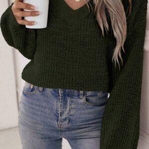 Medium Dark Green V Neck Drop Shoulder Ribbed Knit Sweater - SHEIN